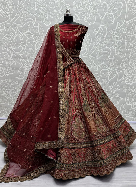 Perfectly Embroidered Velvet Patch work combine bridal Maroon Lehengacholi with double dupatta