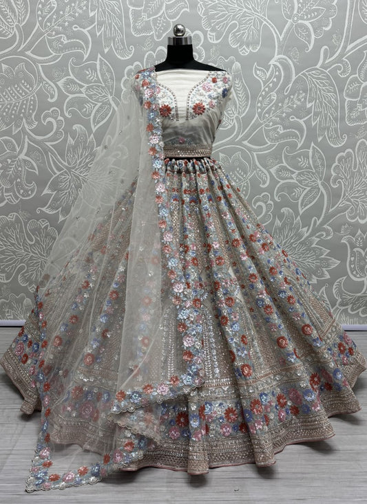 Attractive four sequins Embroidered Partywear Lehengacholi in Grey