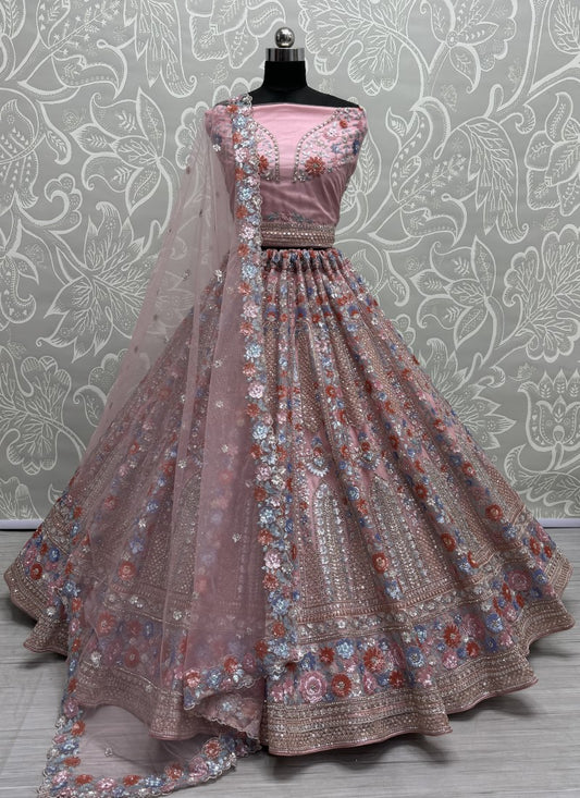 Attractive four sequins Embroidered Partywear Lehengacholi in Pink