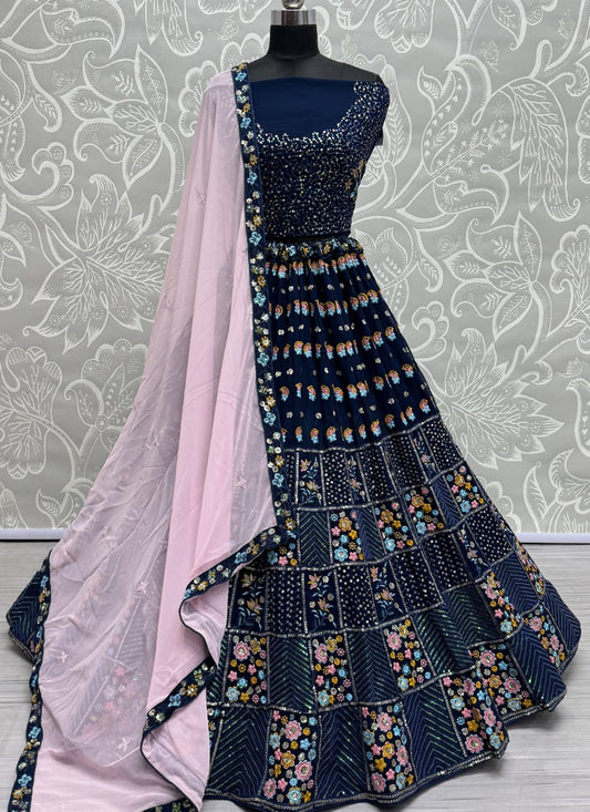 Multi thread embroidery with sequence partywear Lehengacholi in Navy blue