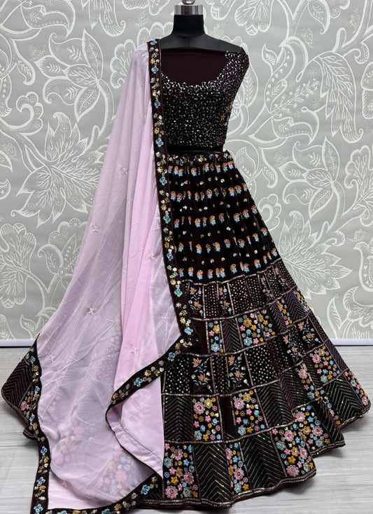 Multi thread embroidery with sequence partywear Lehengacholi in Coffe