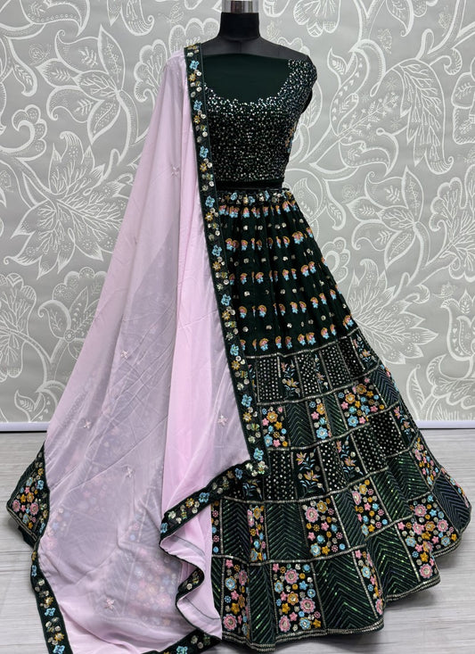 Multi thread embroidery with sequence partywear Lehengacholi in Green