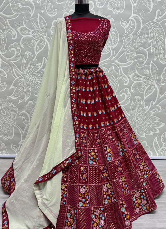 Multi thread embroidery with sequence partywear Lehengacholi in Crimson