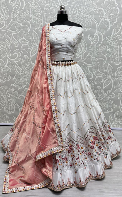 Eye catchy Embroidered Lehengacholi in White