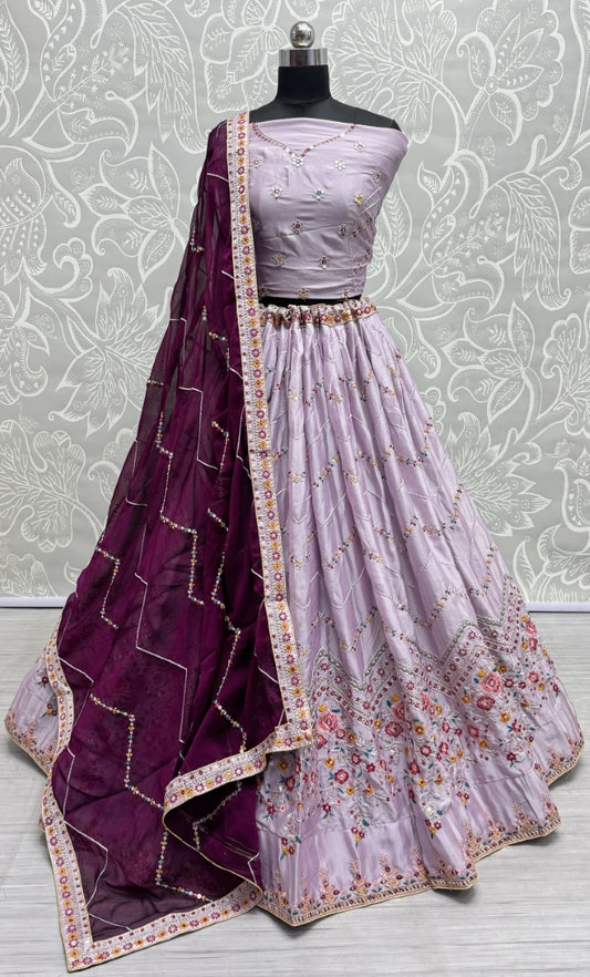 Eye catchy sober color range Embroidered Lehengacholi in Thistle