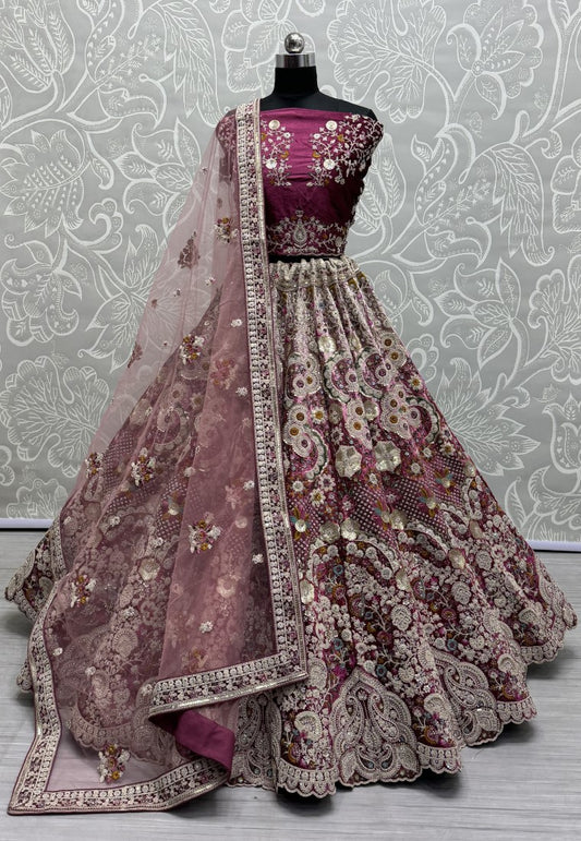 Fabulous Dori embroidered with cotton thread work with 5 mm sequence and zircon diamond Designer Lehengacholi in Pink