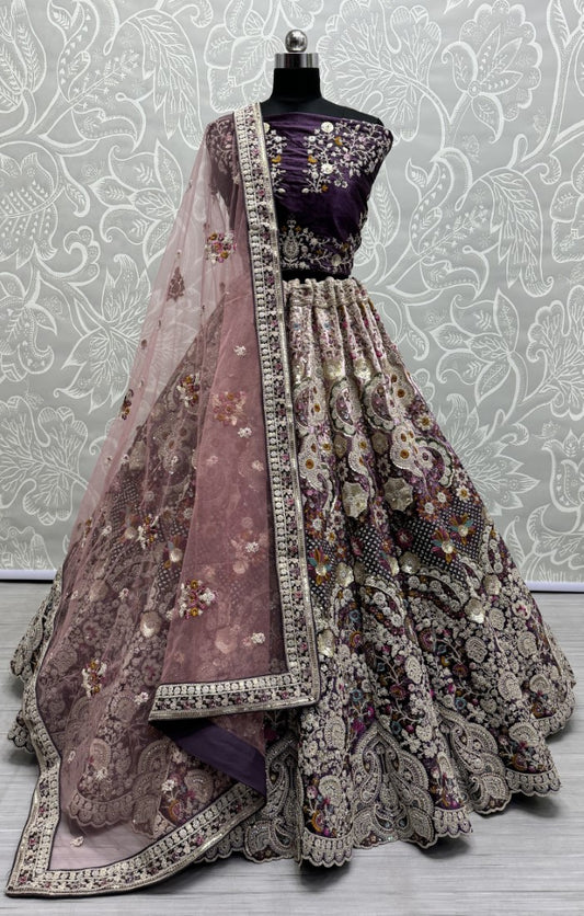 Fabulous Dori embroidered with cotton thread work with 5 mm sequence and zircon diamond Designer Lehengacholi in Purple