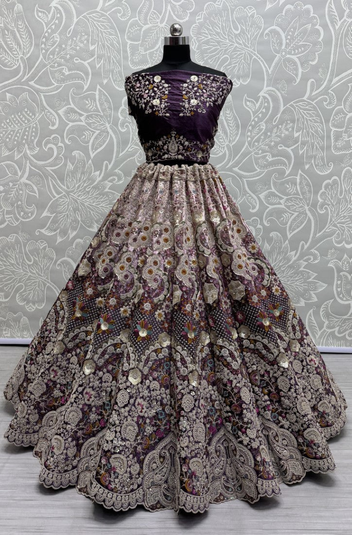 Fabulous Dori embroidered with cotton thread work with 5 mm sequence and zircon diamond Designer Lehengacholi in Purple