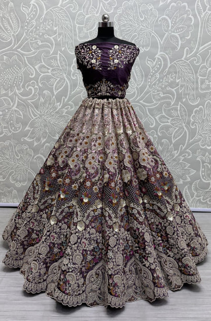 Fabulous Dori embroidered with cotton thread work with 5 mm sequence and zircon diamond Designer Lehengacholi in Purple