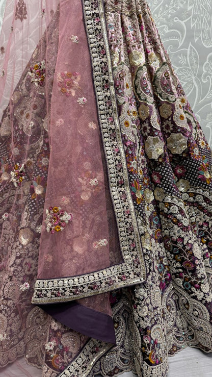 Fabulous Dori embroidered with cotton thread work with 5 mm sequence and zircon diamond Designer Lehengacholi in Purple