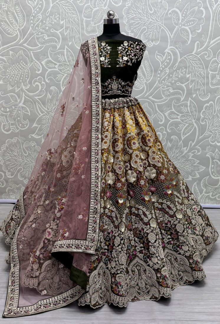 Fabulous Dori embroidered with cotton thread work with 5 mm sequence and zircon diamond Designer Lehengacholi in Mehendi