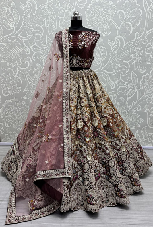 Fabulous Dori embroidered with cotton thread work with 5 mm sequence and zircon diamond Designer Lehengacholi in Maroon