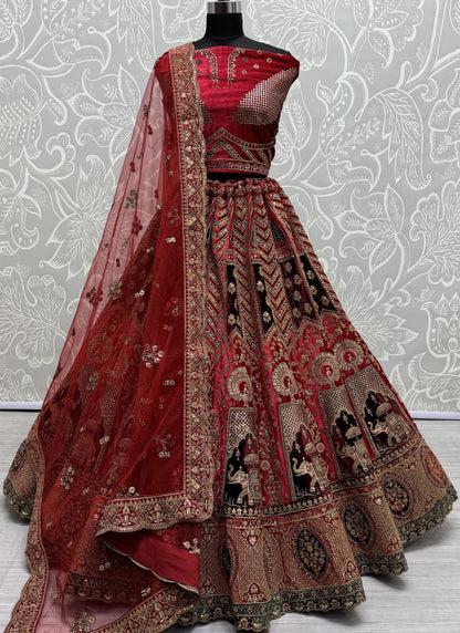 Gajraj Pattern Heavy Embroidered and designer patch work Lehengacholi  in Red