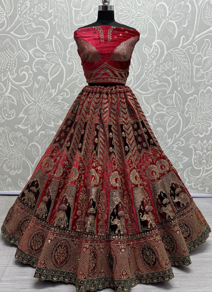 Gajraj Pattern Heavy Embroidered and designer patch work Lehengacholi  in Red