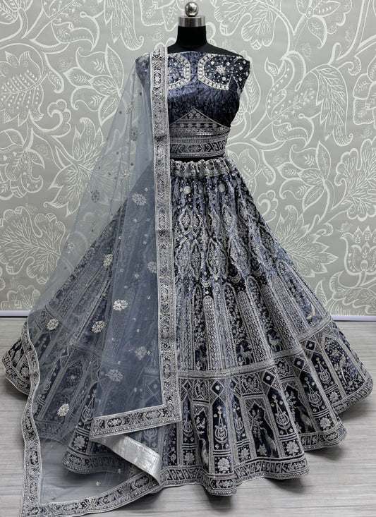 Urging fancy embroidery work leather color range partywear Lehengacholi in Steel