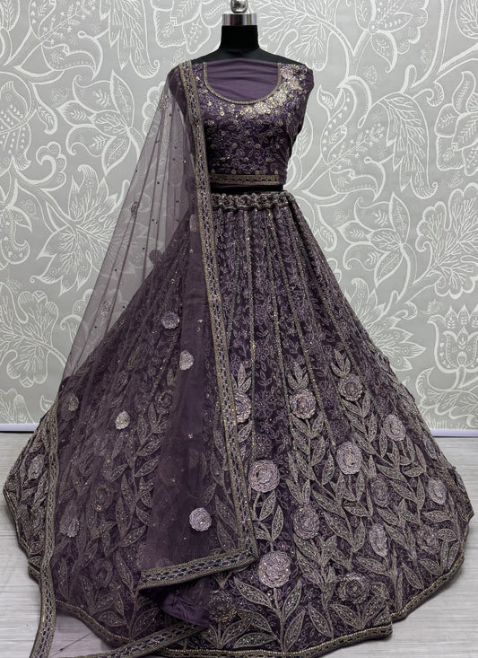 Exclusive Color Range in Partywear Matte Purple Colour Lehengacholi crafted with various work