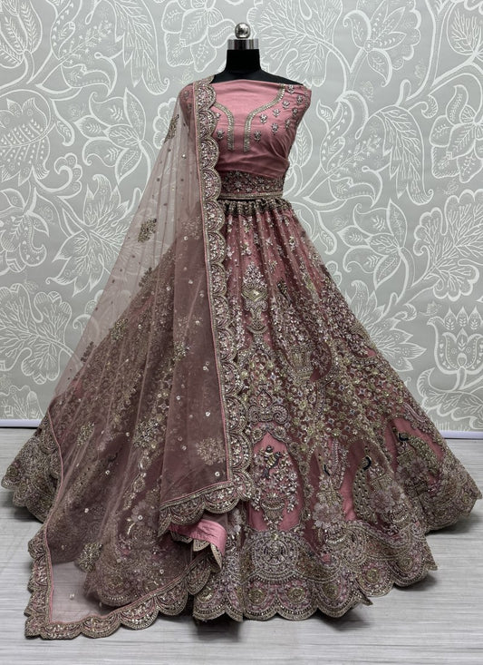 Handwork Look Inspired Embroidered Net Partywear Lehengacholi in Purple Colour