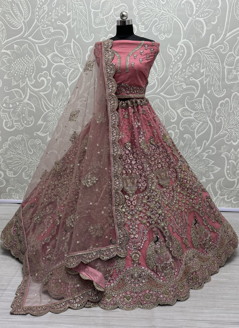 Handwork Look Inspired Embroidered Net Partywear Lehengacholi in Pink