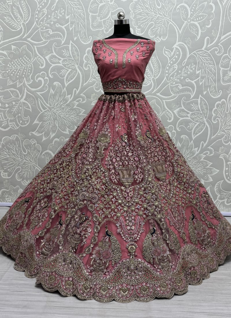 Handwork Look Inspired Embroidered Net Partywear Lehengacholi in Pink