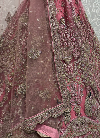 Handwork Look Inspired Embroidered Net Partywear Lehengacholi in Pink