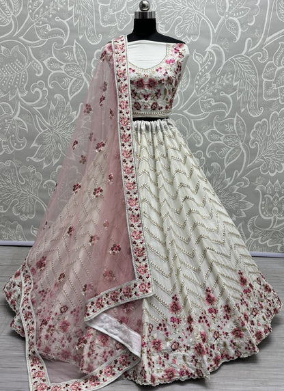 Striking Multi thread and zari work combine with full of zircon diamond perfect partywear Lehengacholi in White