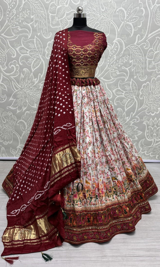 Pashmina Work Fabricated with hand mirror and khatali work Lehengacholi in Maroon Colour with pure bandhani dupatta