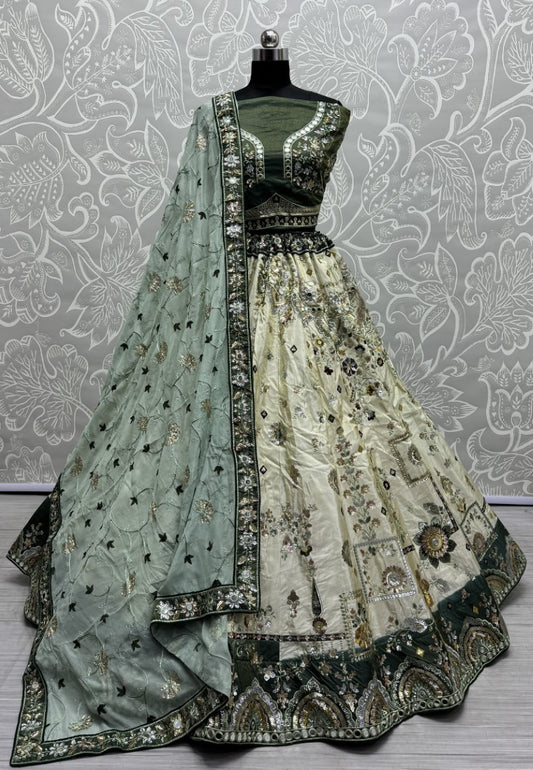 Exquisite look couture patterned partywear with beautiful dupatta Lehengacholi in Tea