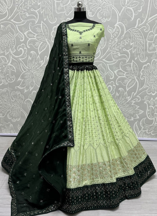 Sequin and cotton thread combine contrast matching partywear Lehengacholi in Pista Colour