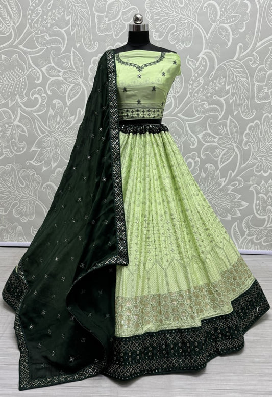 Sequin and cotton thread combine contrast matching partywear Lehengacholi  in Pista