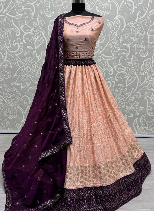 Sequin and cotton thread combine contrast matching partywear Lehengacholi in Peach Colour