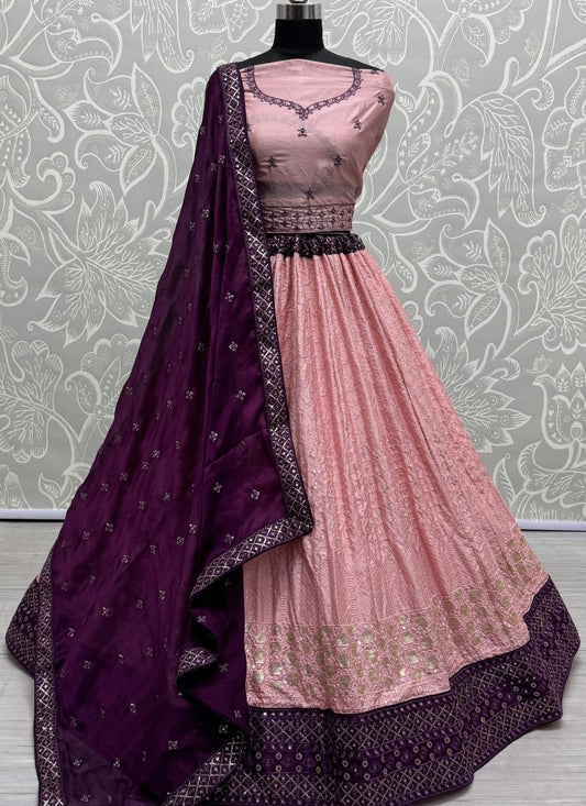 Sequin and cotton thread combine contrast matching partywear Lehengacholi in Pink Colour