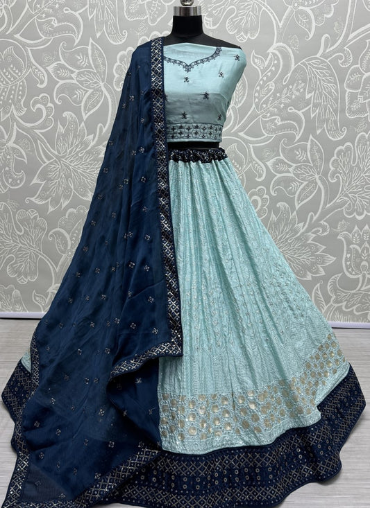Sequin and cotton thread combine contrast matching partywear Lehengacholi in Aqua Colour