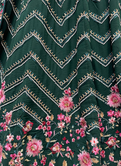 Coral shade cotton thread embroidered partywear Lehengacholi in Green Colour