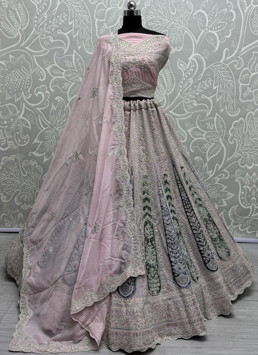 Tremendous art of work with velvet patch work on Georgette Lehengacholi in Pink Colour