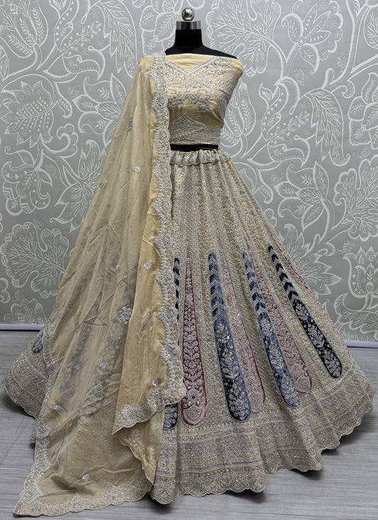 Tremendous art of work with velvet patch work on Georgette Lehengacholi in Yellow Colour