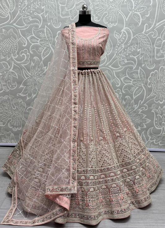 Beautiful Hanging Sequins with Dori Embroidered Partywear Lehengacholi in Peach Colour