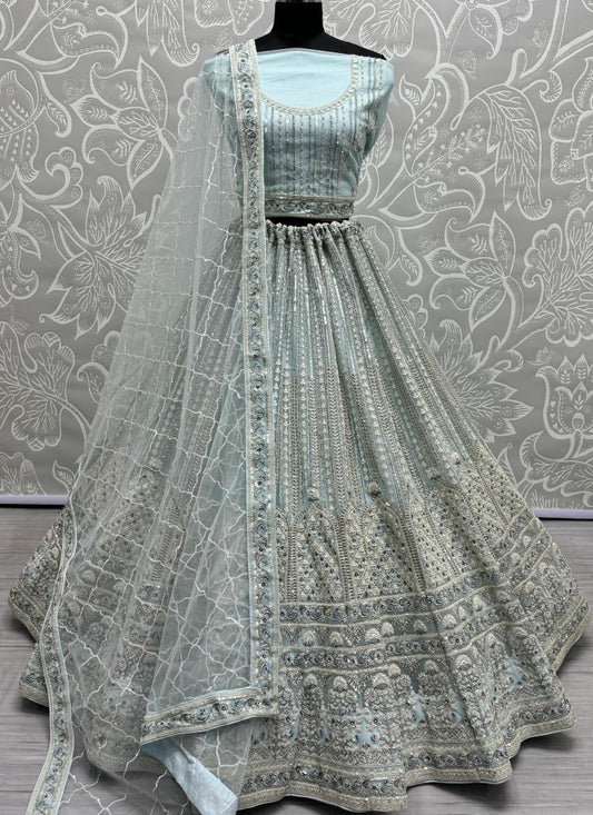 Beautiful Hanging Sequins with Dori Embroidered Partywear Lehengacholi in Sky Colour