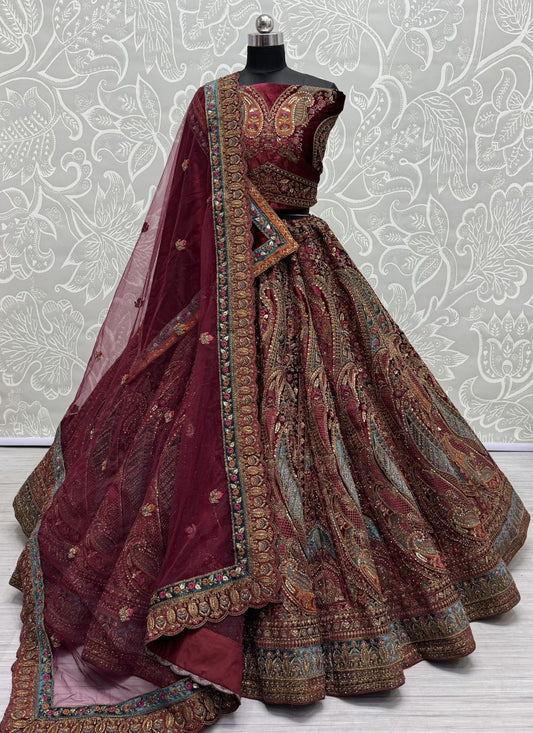 Excellent Detailed on Sach embroidered thread and sequins combine designer Lehengacholi in Marron Colour