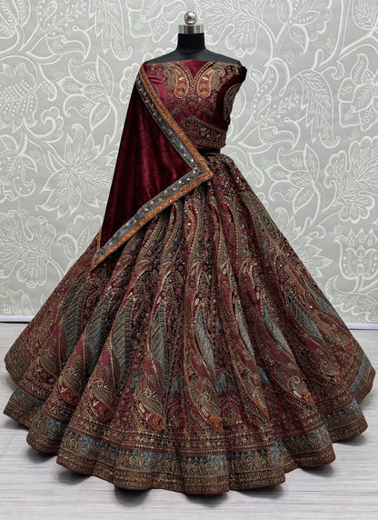 Excellent Detailed on Sach embroidered thread and sequins combine designer Lehengacholi in Marron Colour