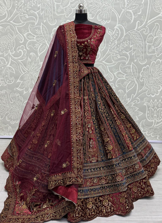 Heavy Embroidered and Multi color velvet Kali patch combine beautiful Lehengacholi in Maroon