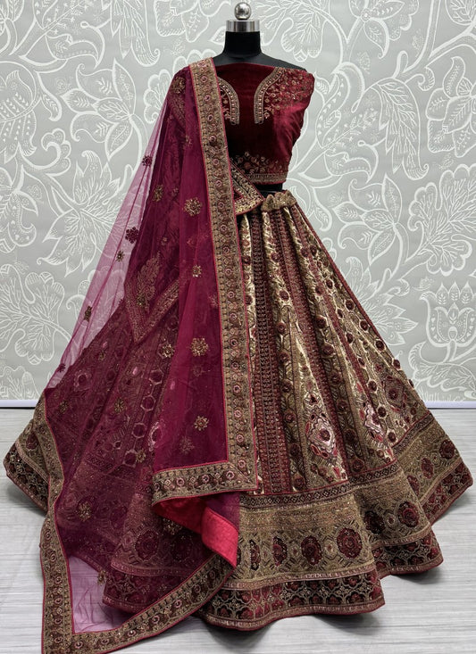 Five meter plus Flaired heavy embroidered Lehengacholi in Beige-Maroon Colour