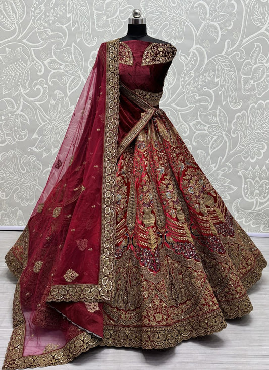 Magnificent look Embroidered contrast patch work lehenga choli in Red Colour