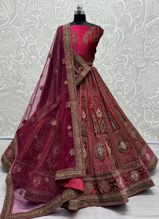 Velvet Patch work and designer embroidery Lehengacholi in Pink Colour
