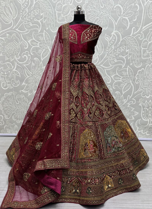 Various pattern embroidered designer velvet Lehengacholi in Pink Colour