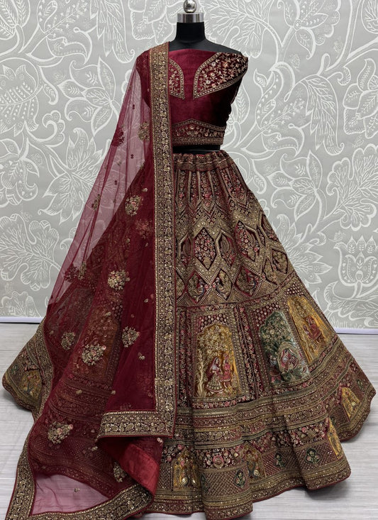 Various pattern embroidered designer velvet Lehengacholi in maroon colour