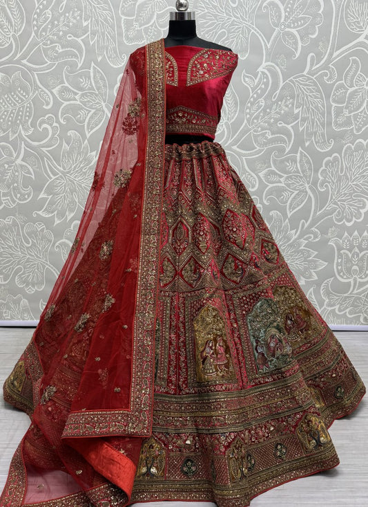 Various pattern embroidered designer velvet Lehengacholi in Red Colour