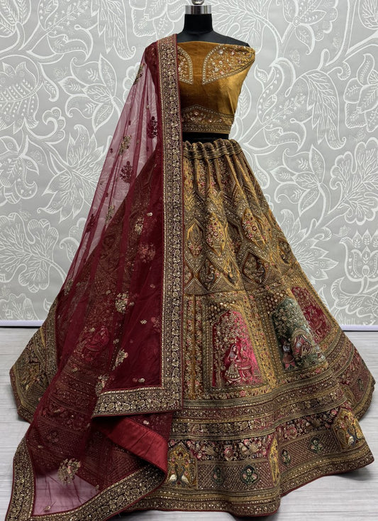 Various pattern embroidered designer velvet Lehengacholi in badami colour