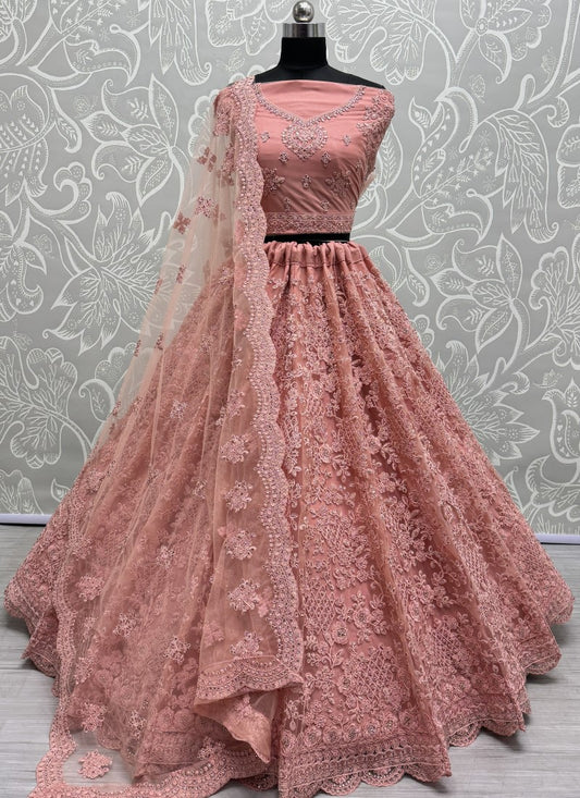 Excellent Dori work Neatly crafted Designer Partywear peach pink Lehengacholi