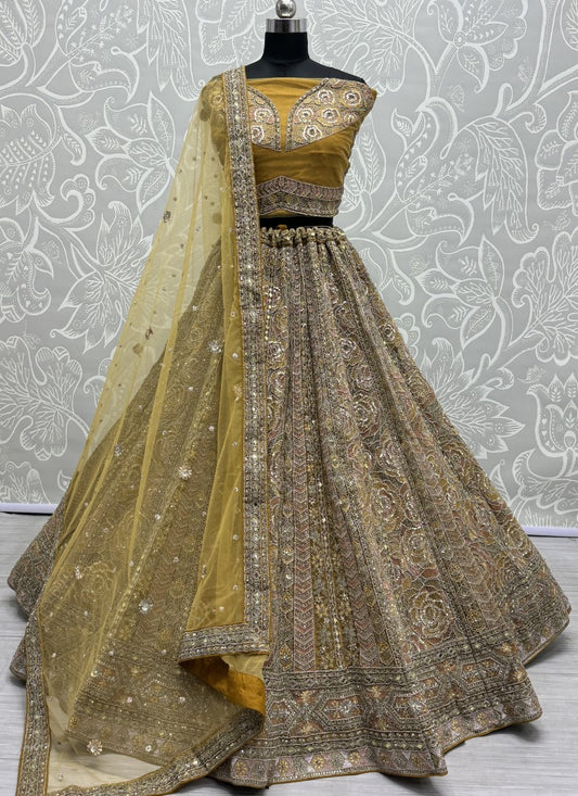 Rose Pattern perfect embroidered designer Partywear Lehengacholi in mustard colour