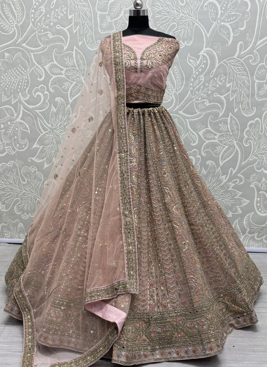 Rose Pattern perfect embroidered designer Partywear Lehengacholi in Peach colour